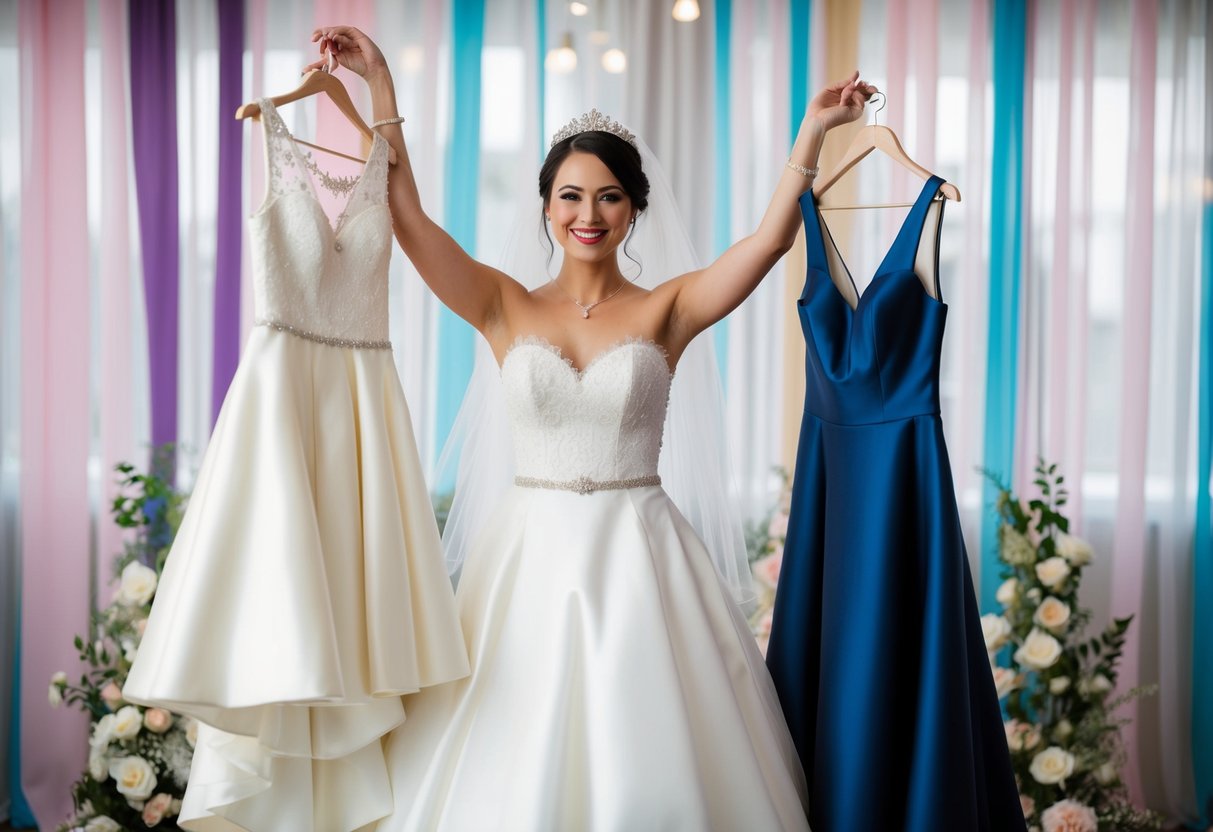 A bride holding up two dresses, one elegant and traditional, the other modern and sleek, surrounded by wedding decor in coordinating colors