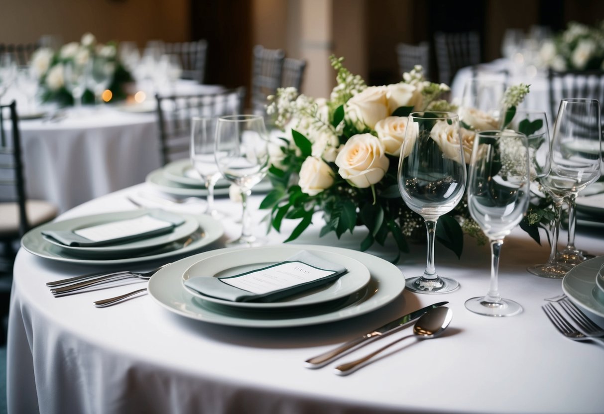 A table set with elegant cutlery, plates, and glassware at a wedding venue