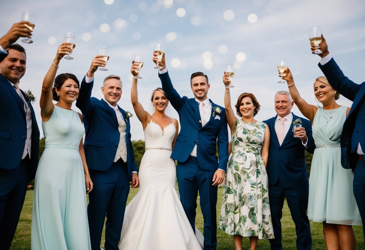 A bride and groom stand at the center of a circle of friends and family, all smiling and raising their glasses in celebration