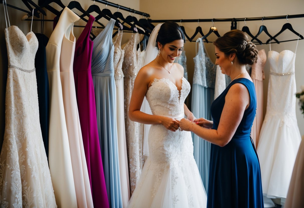 A bride stands in front of a row of wedding dresses, carefully examining the fit and length of each gown, considering how it will complement her chosen wedding theme