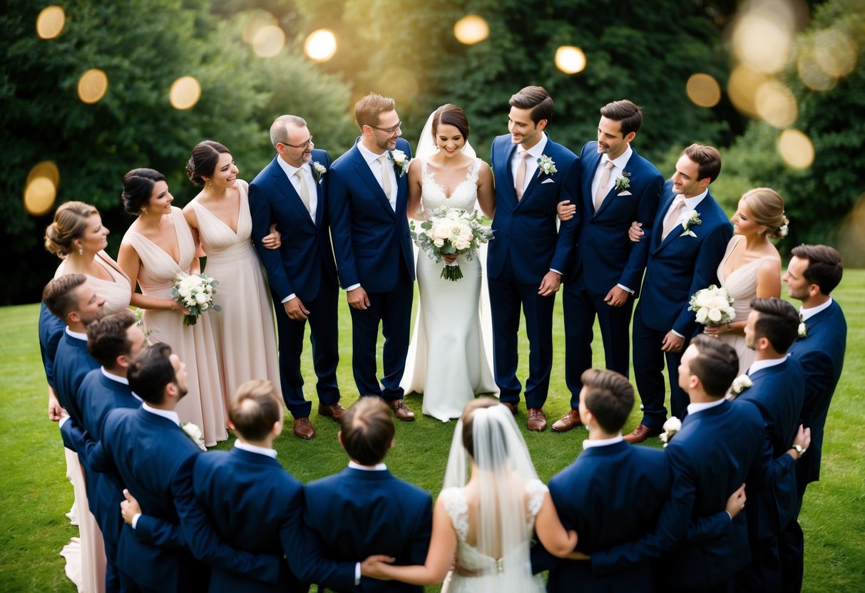 A group of elegantly dressed figures stand together, forming a close-knit circle with the bride and groom at the center, symbolizing the significance of the wedding party