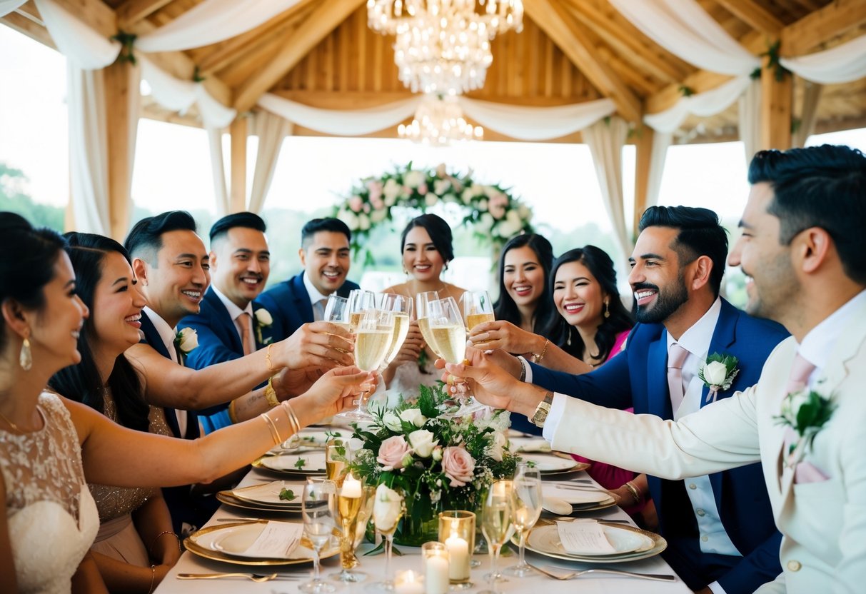 A lively pre-wedding celebration with friends and family gathered around a beautifully decorated venue, toasting and laughing together in joyful anticipation