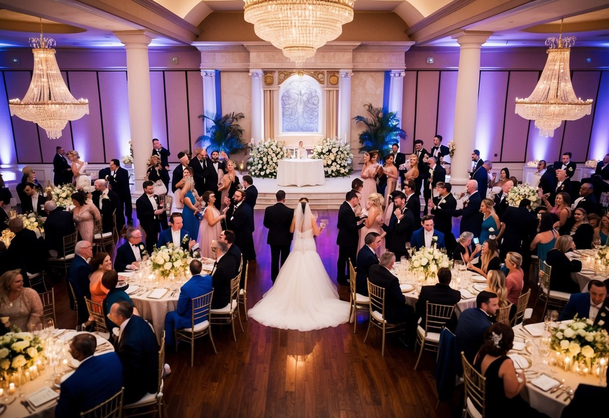 A grand wedding party with elegant decorations, a beautiful altar, and a lively reception area filled with guests celebrating the couple's big day