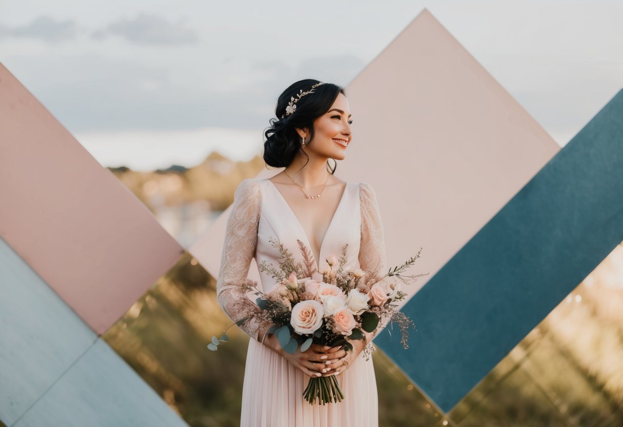 A wedding in 2024 with a color scheme of soft pastels and metallic accents, featuring blush pink, dusty blue, and gold tones