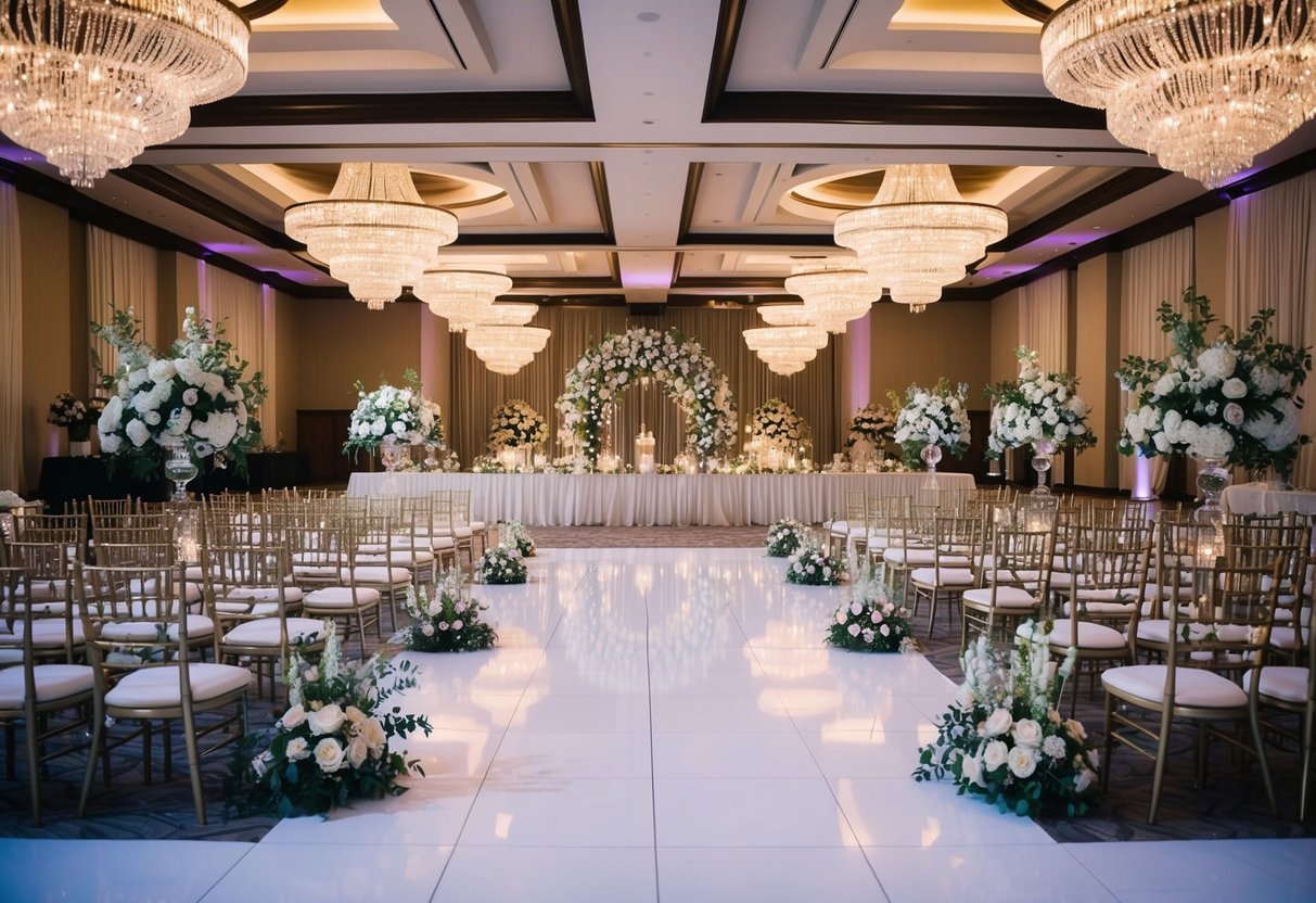 A grand wedding venue filled with rows of elegant chairs and a spacious dance floor, adorned with elaborate floral arrangements and twinkling lights