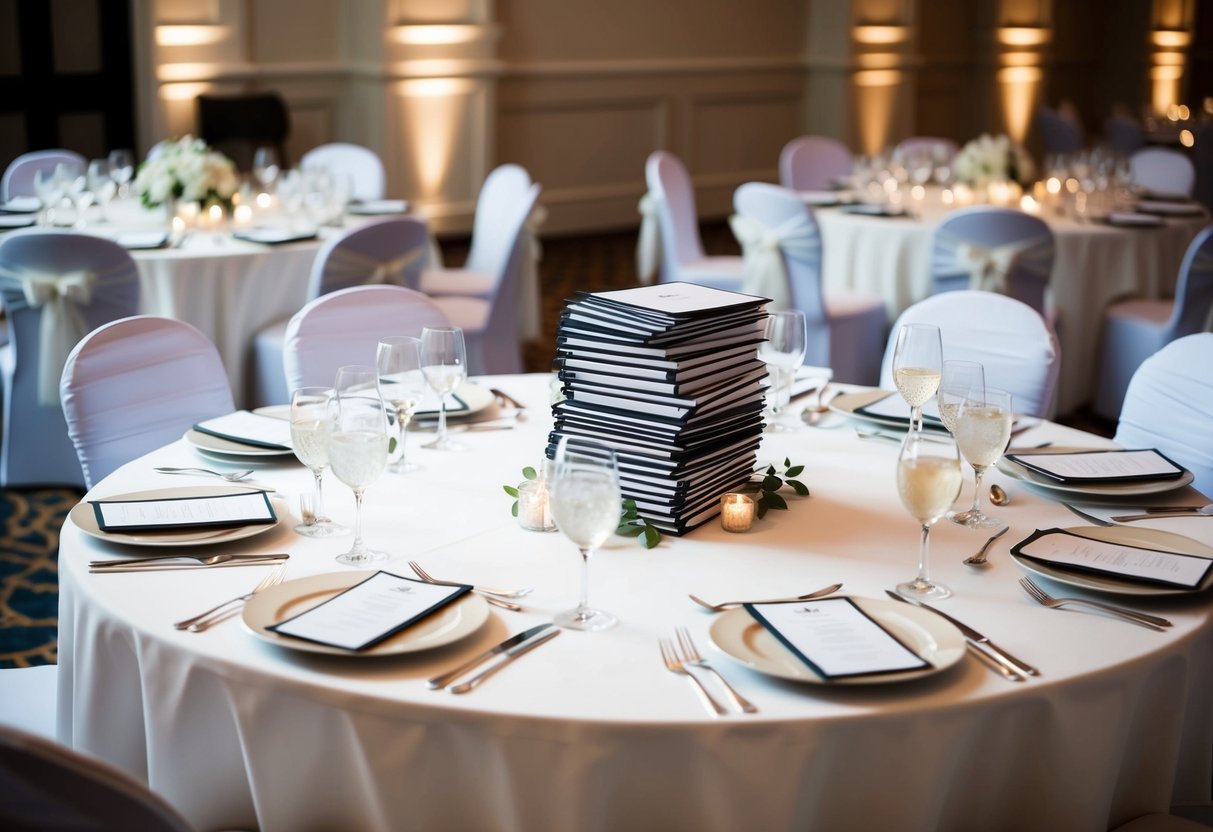 Several elegant, white tables set for a wedding reception, each with a carefully arranged stack of menus placed in the center