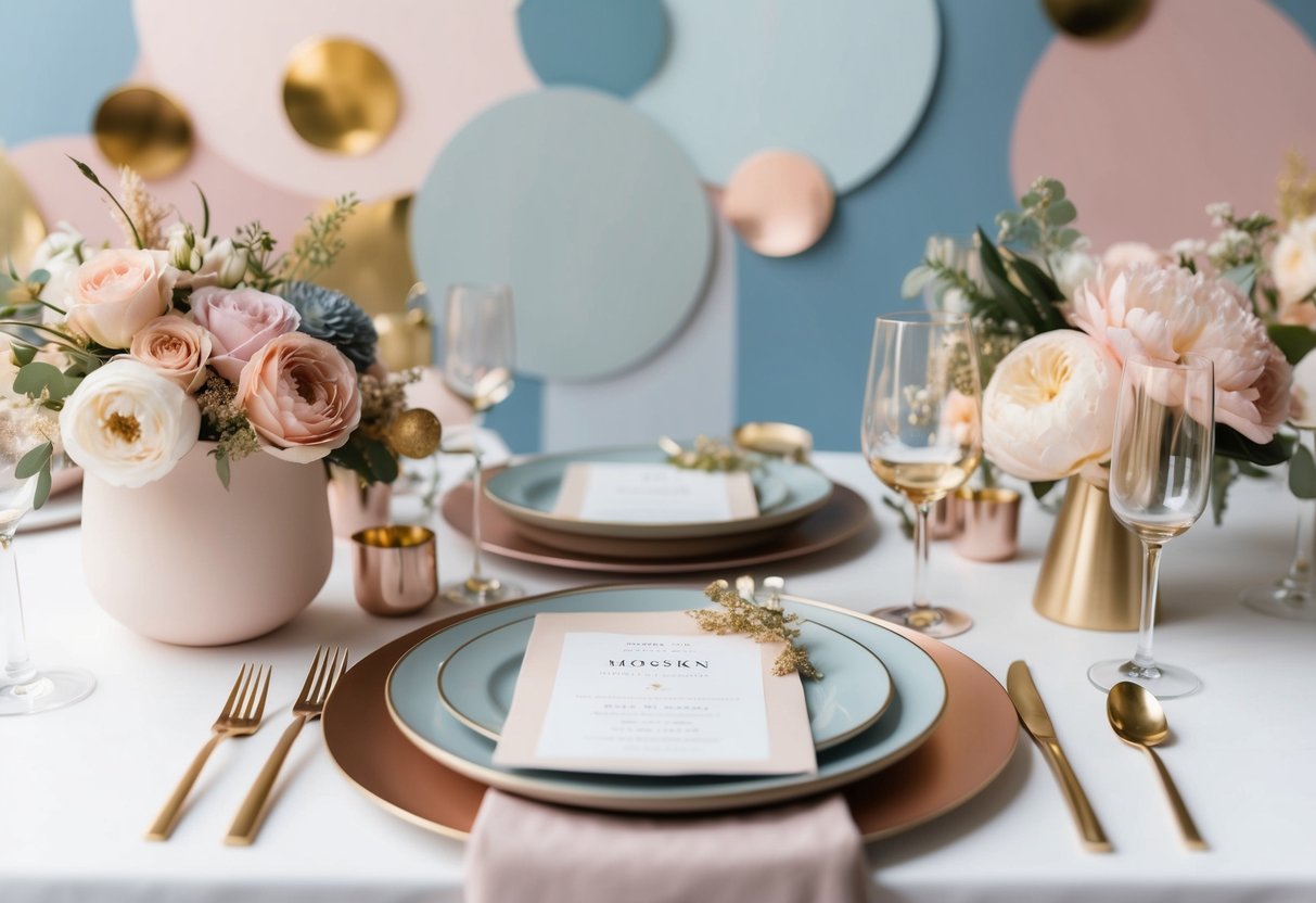 A modern wedding scene with a color scheme of soft pastels and metallic accents, featuring blush pink, dusty blue, and gold tones for various elements such as flowers, table settings, and invitations