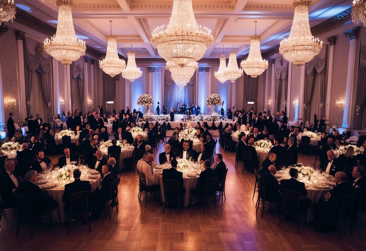 A grand ballroom filled with elegant decor, a lavish banquet, and a dance floor surrounded by guests in formal attire