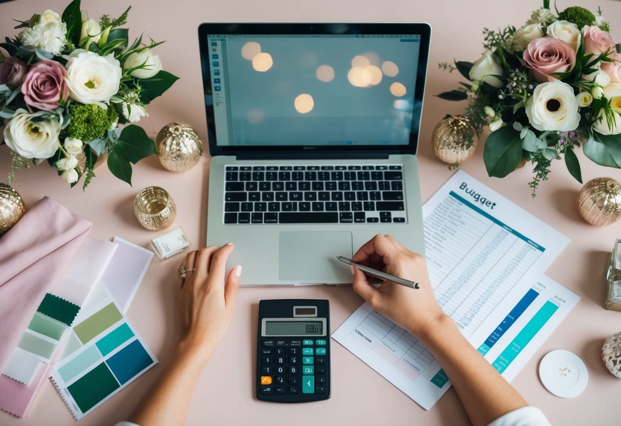 A wedding planner at a desk with a laptop, calculator, and budget spreadsheet, surrounded by floral arrangements and fabric swatches