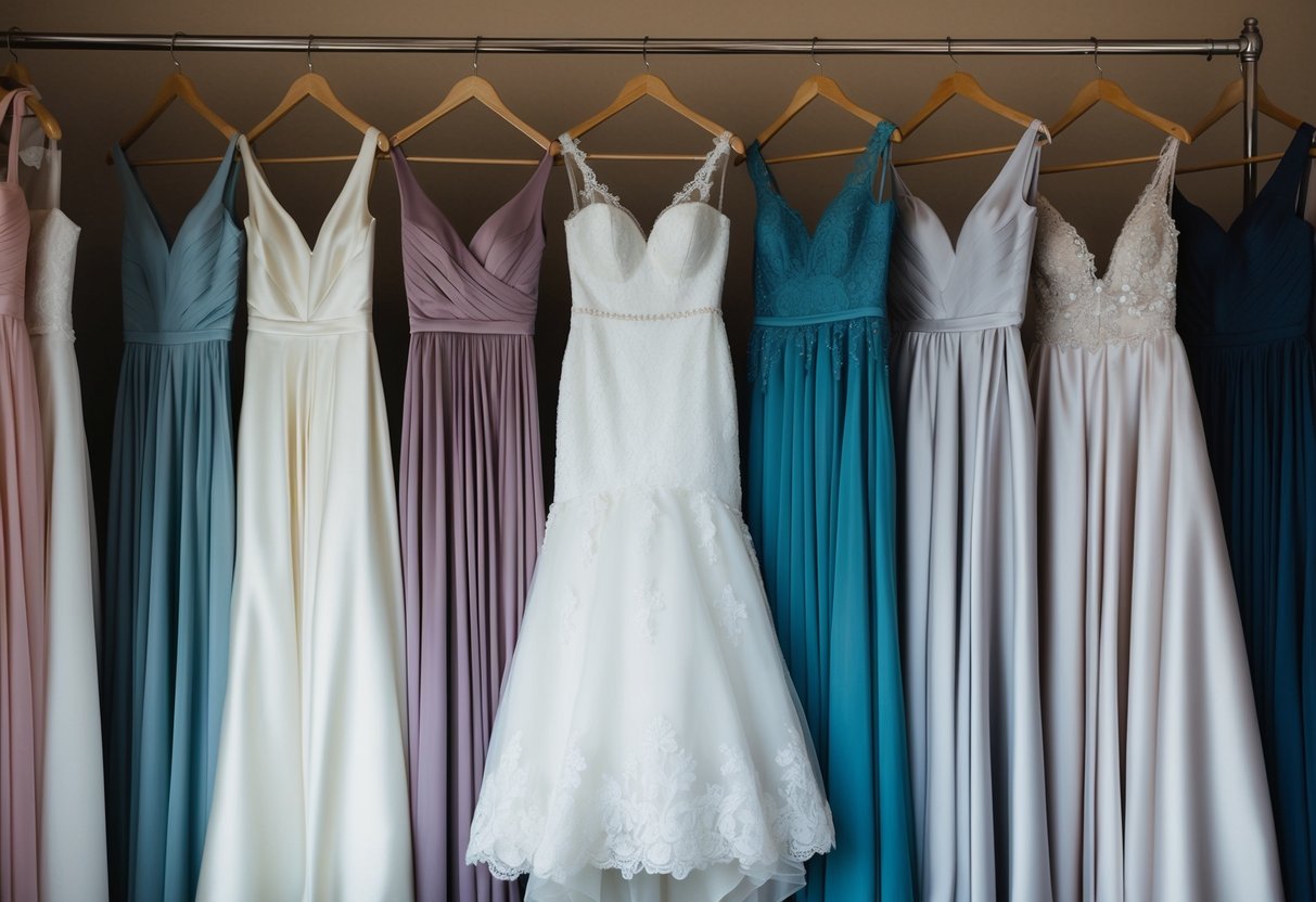 A rack of wedding dresses in various shades, with the most popular color being a pristine white gown with intricate lace detailing