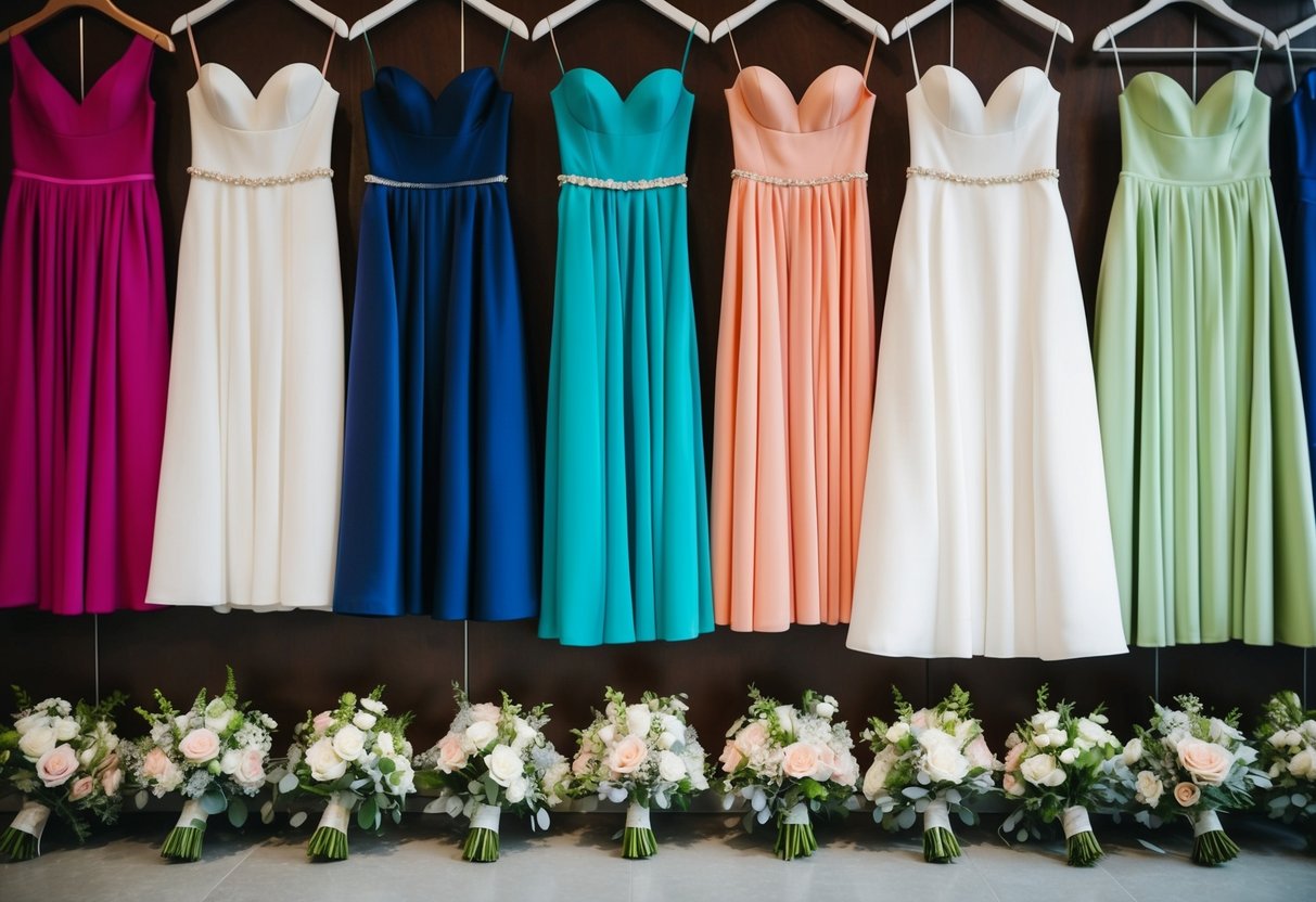 Five elegant dresses arranged in a row, each a different color, with matching bouquets laid out beside them