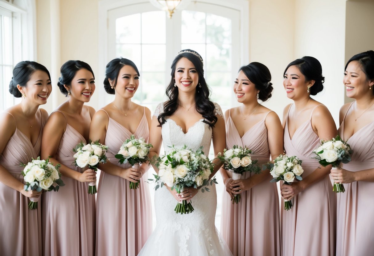 A bride stands surrounded by five elegantly dressed bridesmaids, all smiling and holding bouquets, creating a harmonious and joyful atmosphere