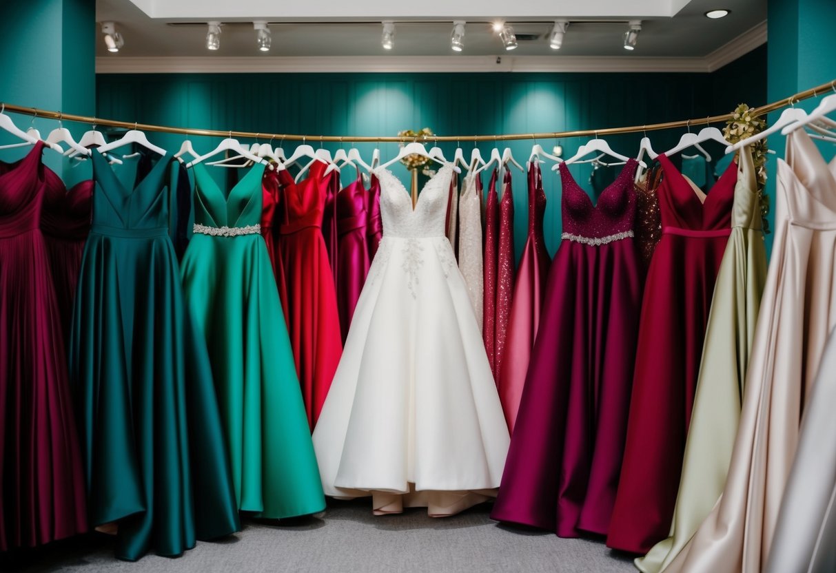 A vibrant array of wedding dresses in bold and unique colors, from deep emerald to rich burgundy, displayed in an elegant boutique setting