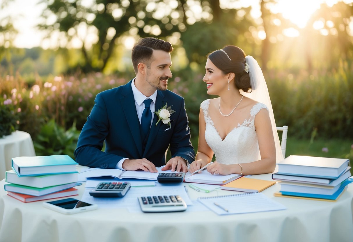 A bride and groom sit at a table covered in wedding planning books, a calculator, and a notepad, discussing their budget