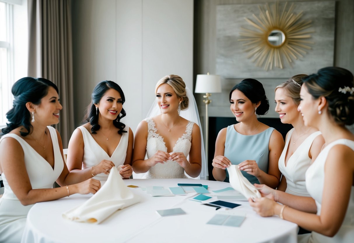 A bride and five bridesmaids sit around a table, discussing wedding details and holding up dress swatches