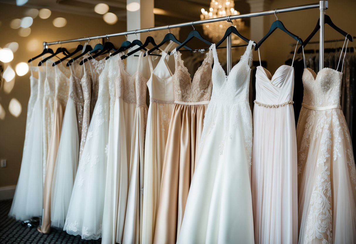 A rack of wedding dresses in various shades of white, ivory, and champagne, with lace, satin, and tulle fabrics on display