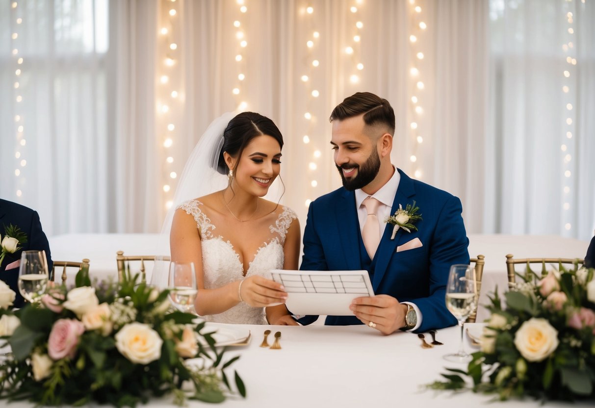 A bride and groom sitting at a table, surrounded by floral centerpieces and twinkling fairy lights. A wedding planner presents them with a budget breakdown