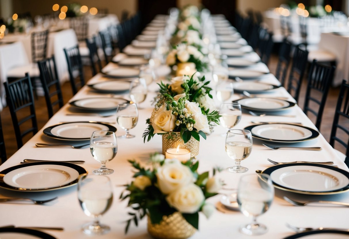 A long table set with 100 plates, each adorned with elegant place settings and surrounded by decorative centerpieces