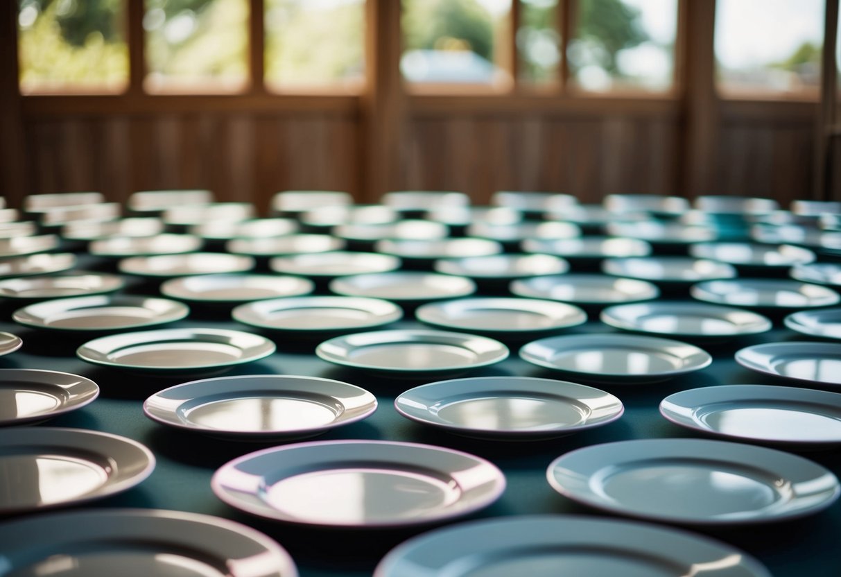 A table set with 100 plates of varying sizes, arranged neatly in rows