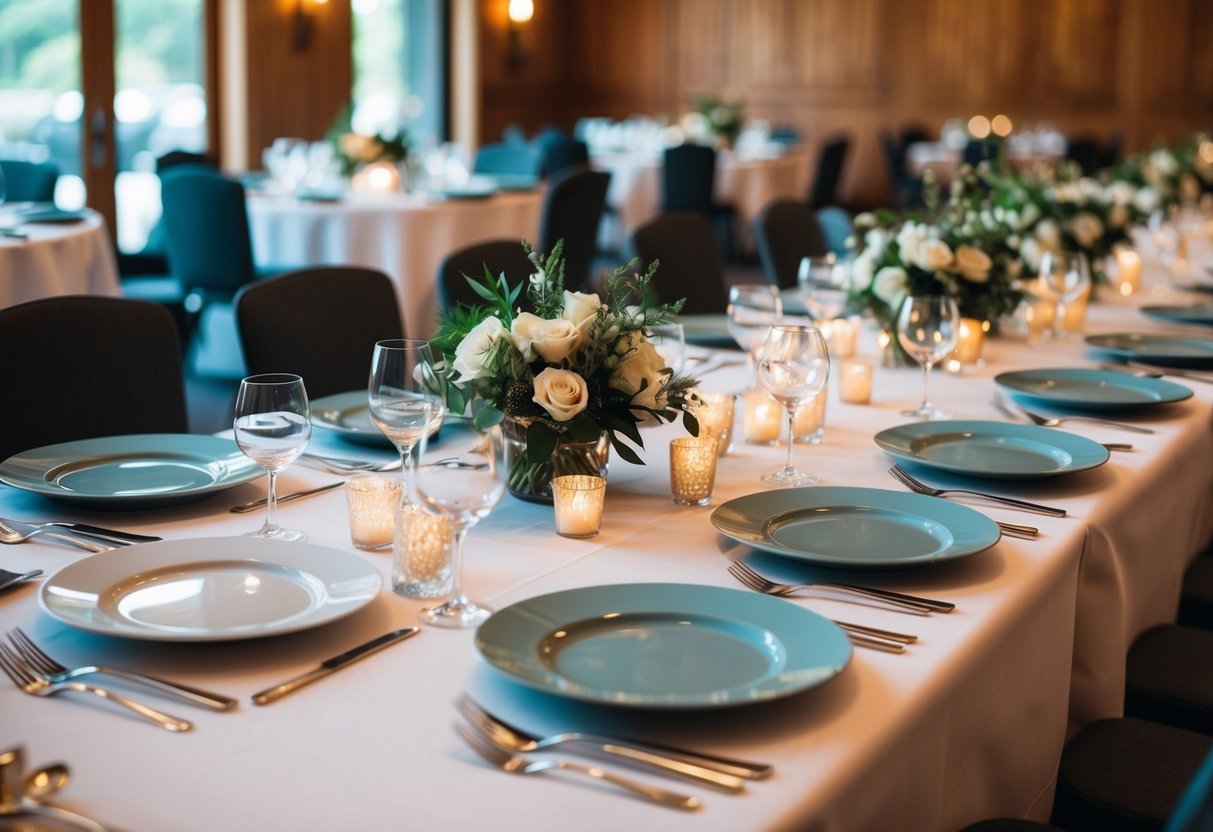 A table set with 100 plates of various sizes and designs, arranged neatly in rows, ready for a wedding dinner