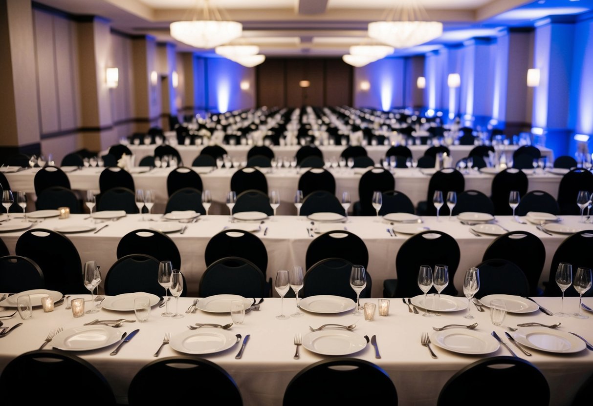A banquet hall with neatly arranged rows of tables, each set with multiple plates, cutlery, and glassware for a 100 person wedding