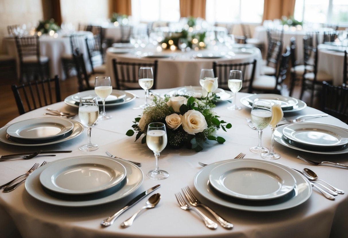 A table set with 100 plates, neatly arranged with supplementary items and extras for a wedding banquet