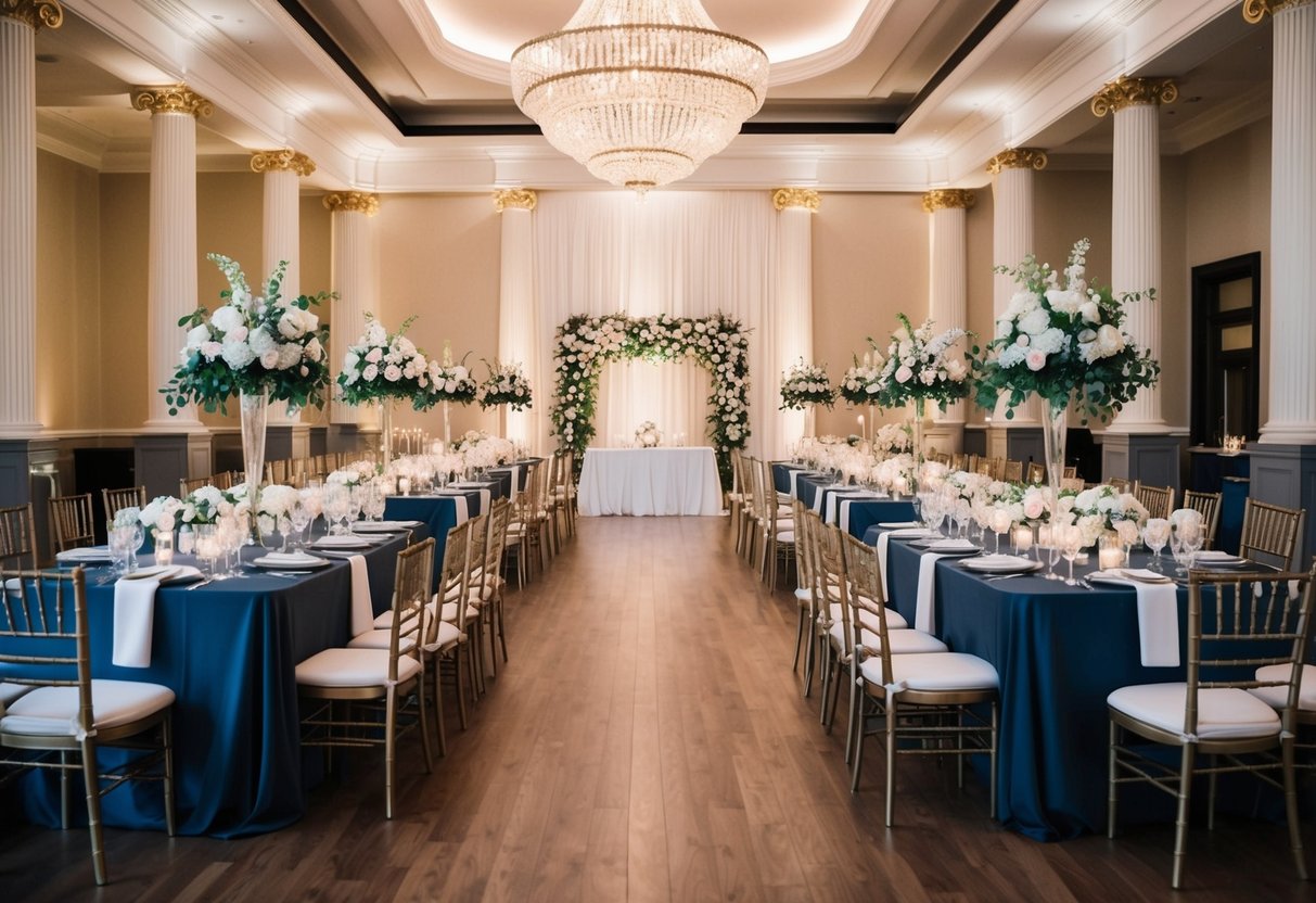 A grand wedding venue with elegant decor and seating for 100 guests. Tables adorned with floral centerpieces and a beautiful backdrop for the ceremony