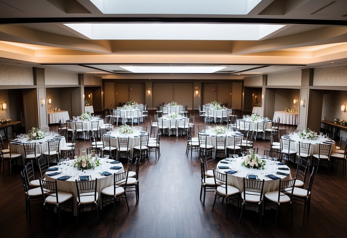 A large wedding venue with 25 round tables set for 4 guests each, totaling 100 seats