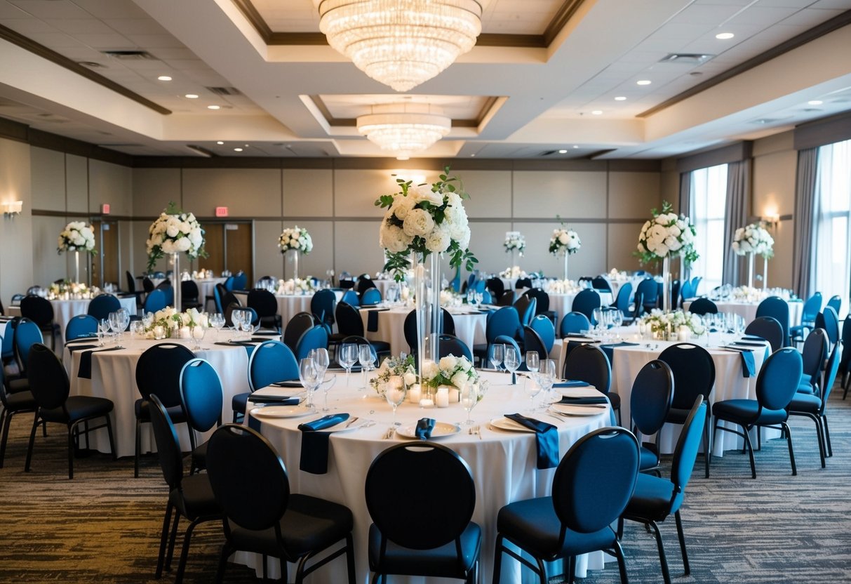 A spacious reception hall with 10 round tables, each seating 10 guests, adorned with elegant centerpieces and surrounded by comfortable chairs