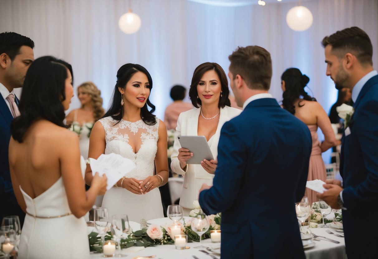 A wedding planner discussing table quantities with vendors