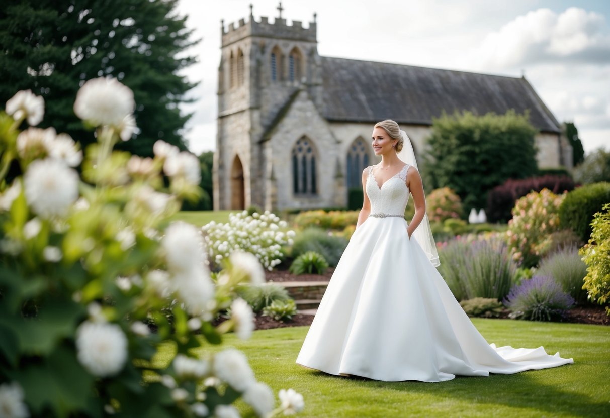 A bride in a white gown stands in a garden with a stone church in the background