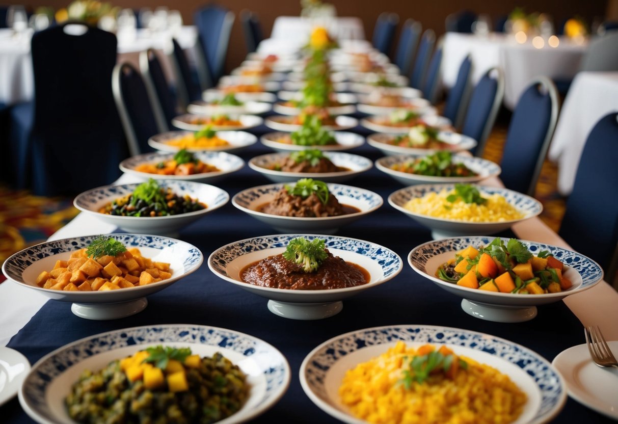 A banquet table with a variety of colorful and appetizing side dishes arranged neatly in decorative serving dishes