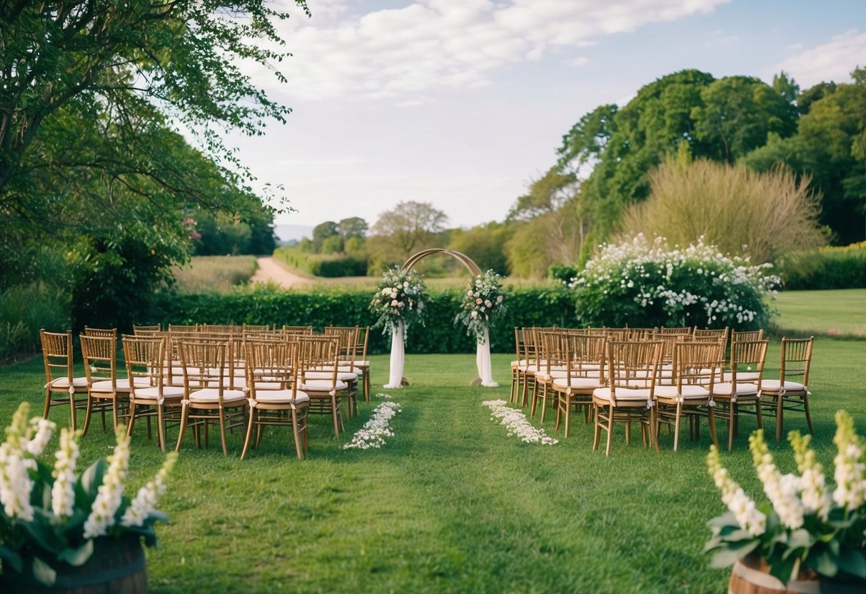 A quaint countryside wedding venue with 50 chairs set up for a ceremony, surrounded by lush greenery and blooming flowers