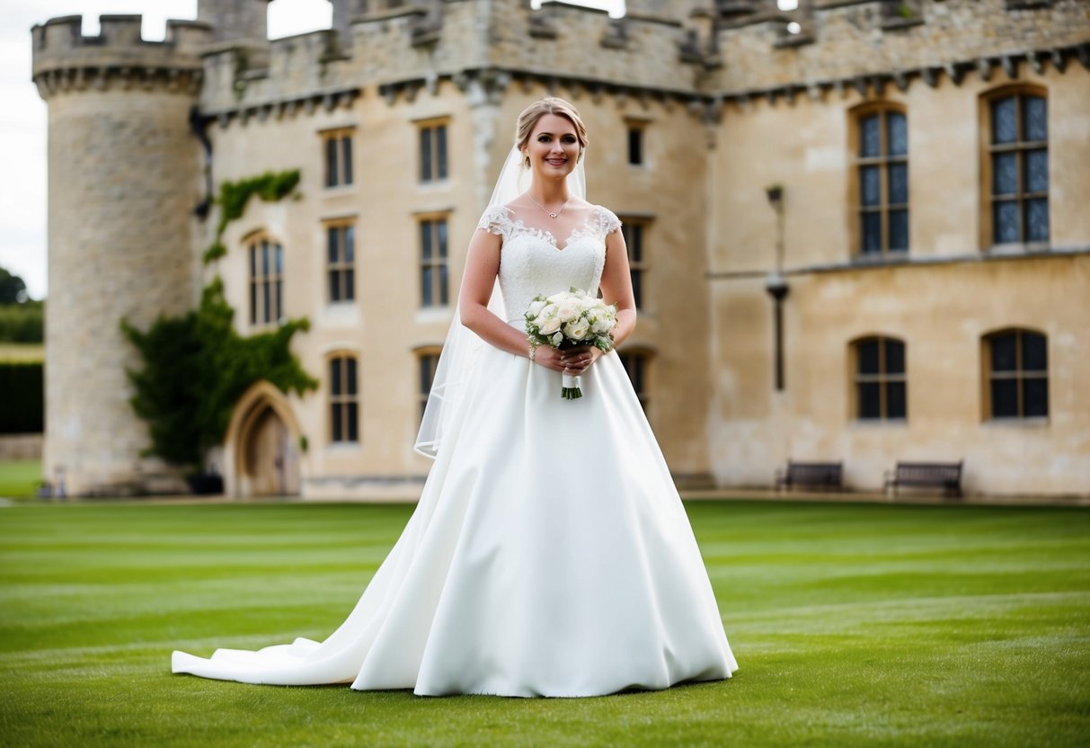 A bride in a traditional white wedding dress stands before a historic English castle
