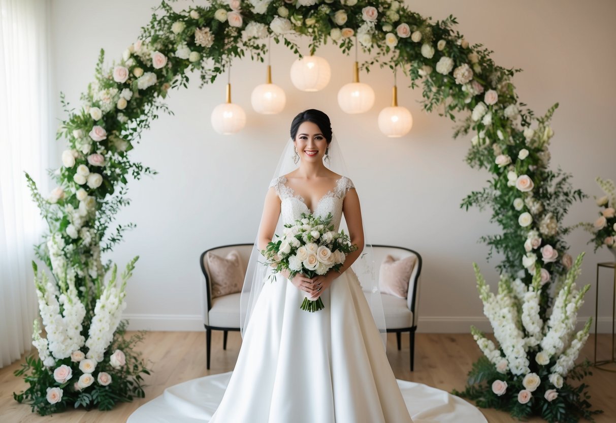 A bride in a traditional white wedding dress, surrounded by modern floral arrangements and elegant decor
