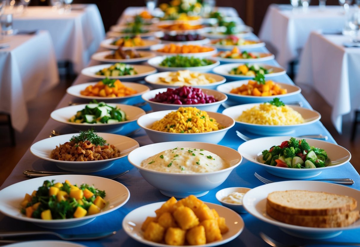 A banquet table with an array of colorful side dishes, including salads, vegetables, and starches, arranged in elegant serving dishes and platters