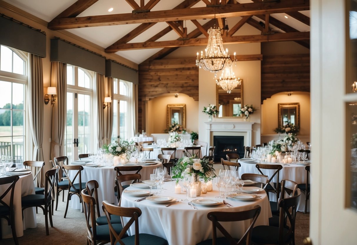 A cozy wedding venue with elegant decor and a beautifully set dining area for 50 guests