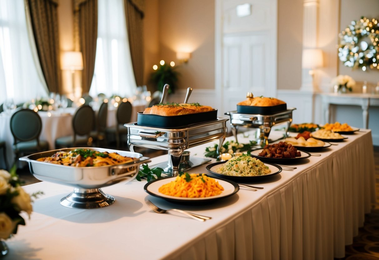 A wedding buffet with a main course and themed sides, including at least four side dishes displayed on a long table with elegant decorations