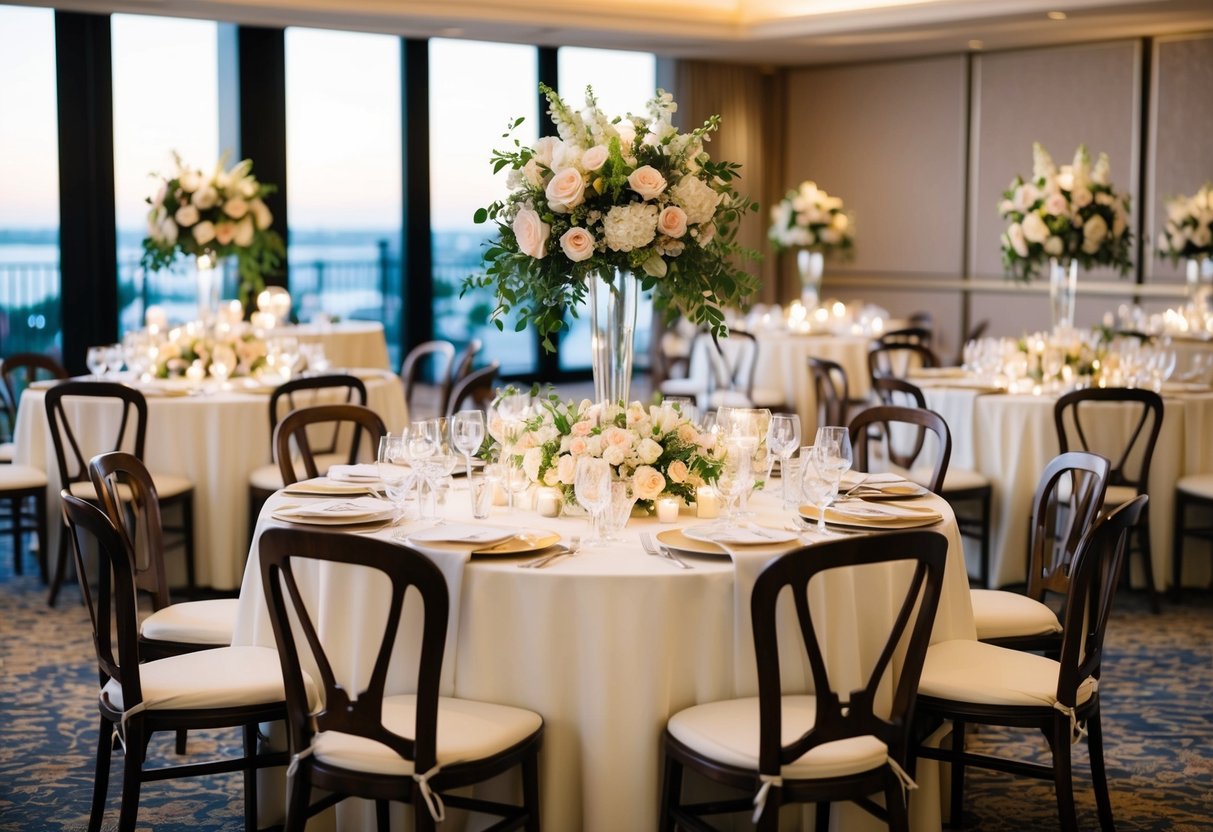 A wedding reception with elegant decor, floral centerpieces, and stylish table settings in a luxurious venue