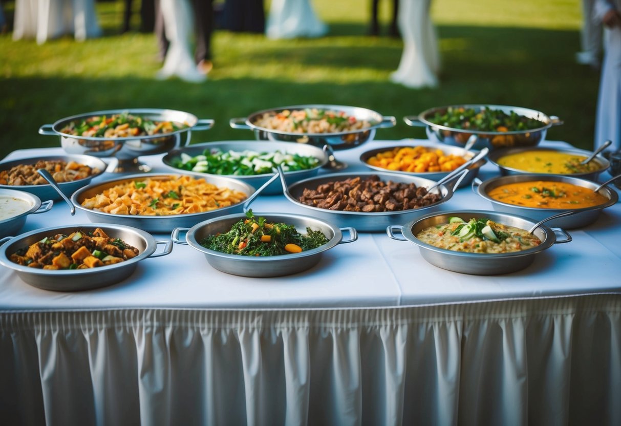 A buffet table with a variety of side dishes neatly arranged in serving dishes and trays, ready to be set up for a wedding reception
