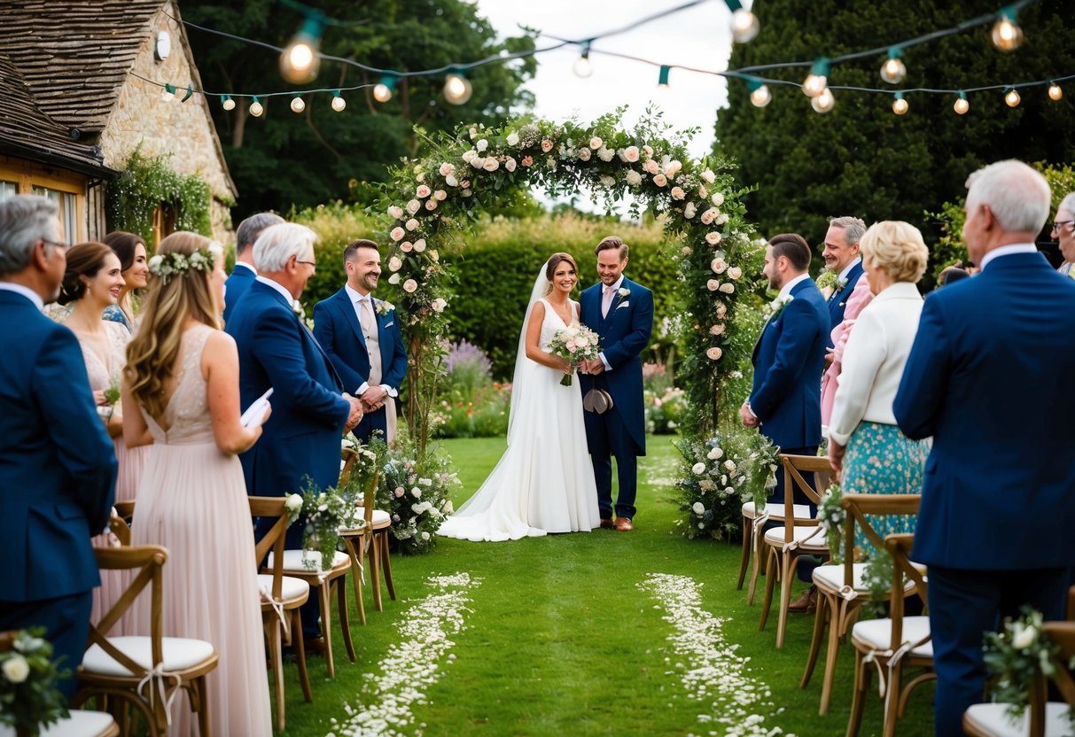 A quaint English countryside wedding, with a charming outdoor ceremony under a floral arch. Guests mingle in a garden adorned with fairy lights, creating a warm and intimate atmosphere