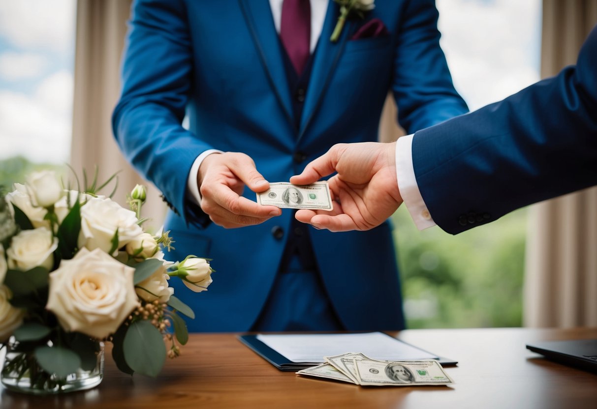 A groom's hand handing over cash to a wedding planner