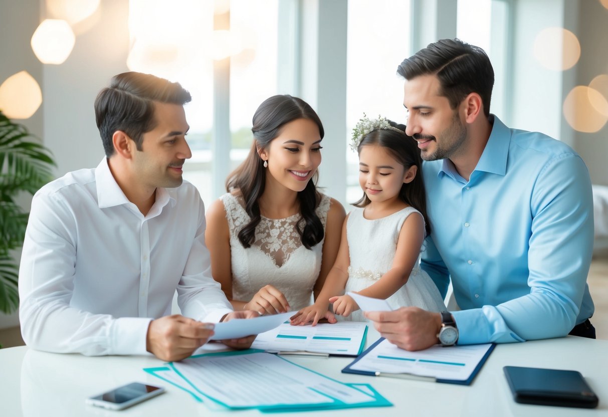 A couple and their families discussing wedding reception costs at a table with budget spreadsheets and payment receipts