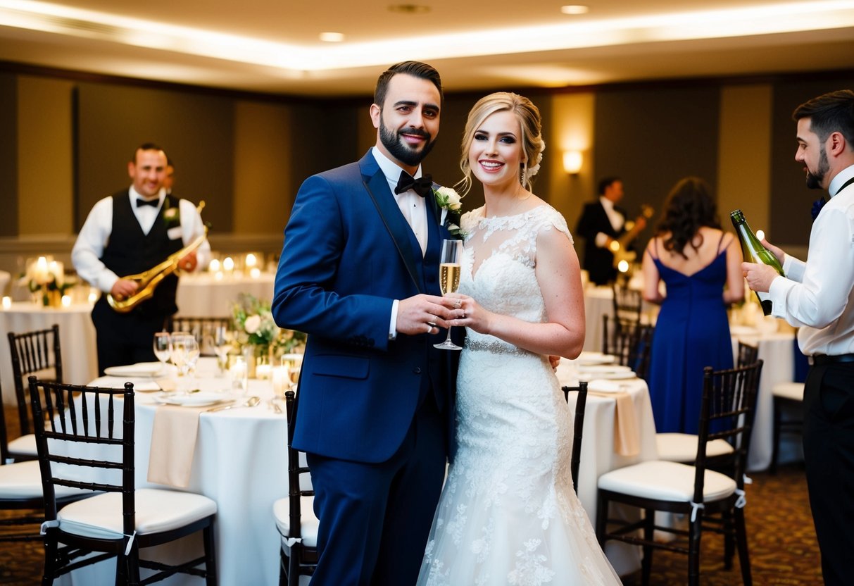 A bride and groom stand at a reception venue, surrounded by tables and chairs. A waiter serves champagne to guests, while a band plays in the background