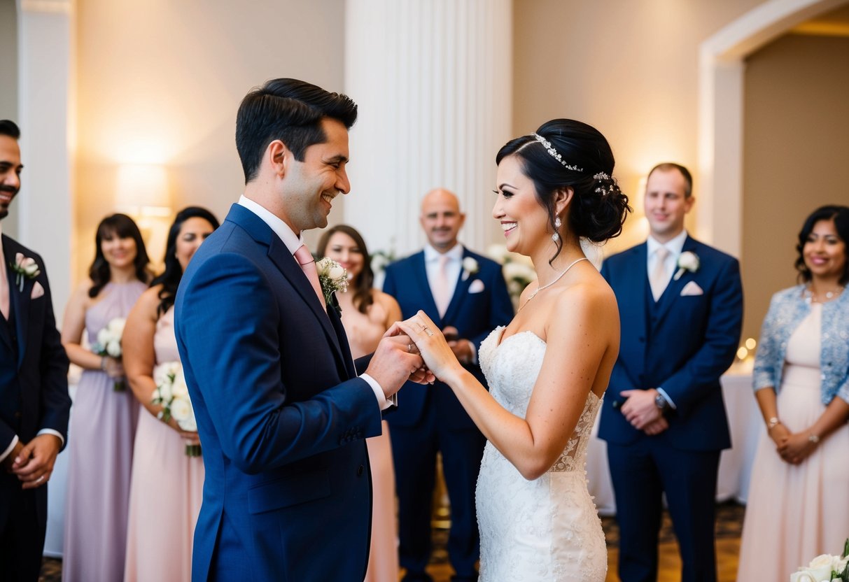 A bride and groom exchanging rings at a beautifully decorated reception hall, surrounded by family and friends