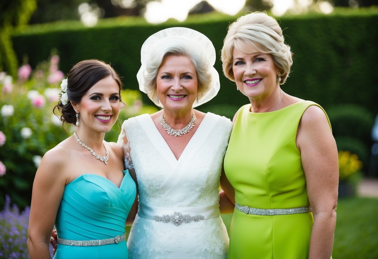 A wedding guest and the mother of the bride wearing the same color dress, standing next to each other in a garden setting
