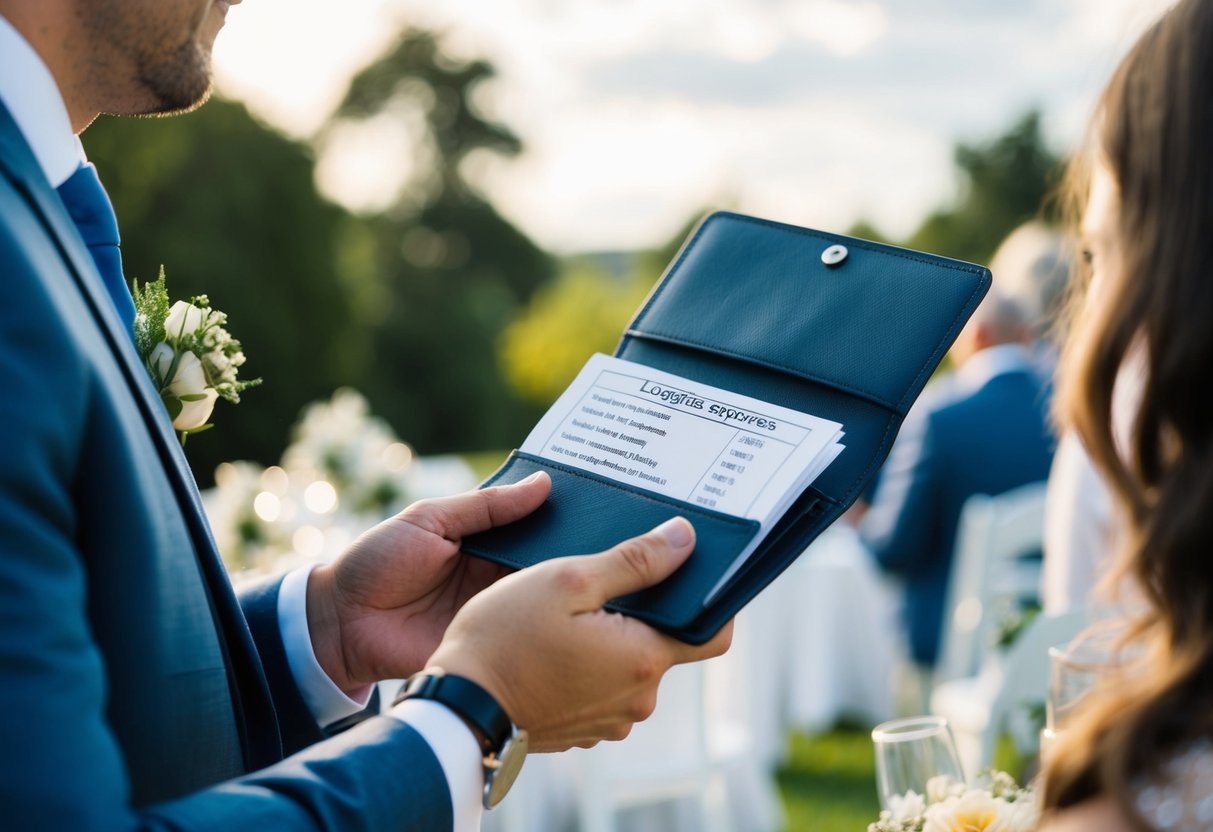 A wedding guest holding a wallet and looking at a list of expenses for logistics and planning