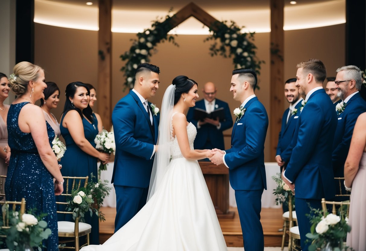 A wedding photographer captures the bride and groom exchanging vows at the altar, surrounded by their loved ones and the stunning backdrop of the ceremony venue