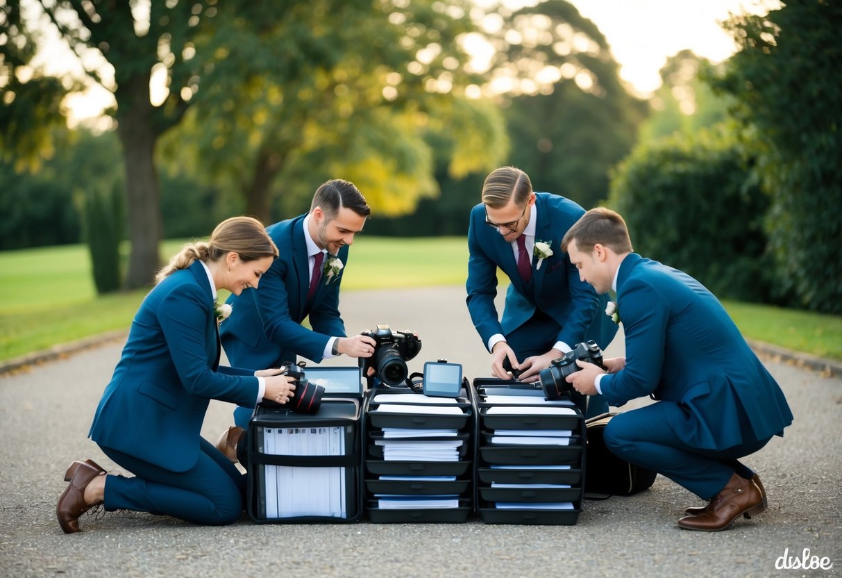 Photographers packing up equipment after a wedding, organizing files and preparing to deliver final photos to the couple