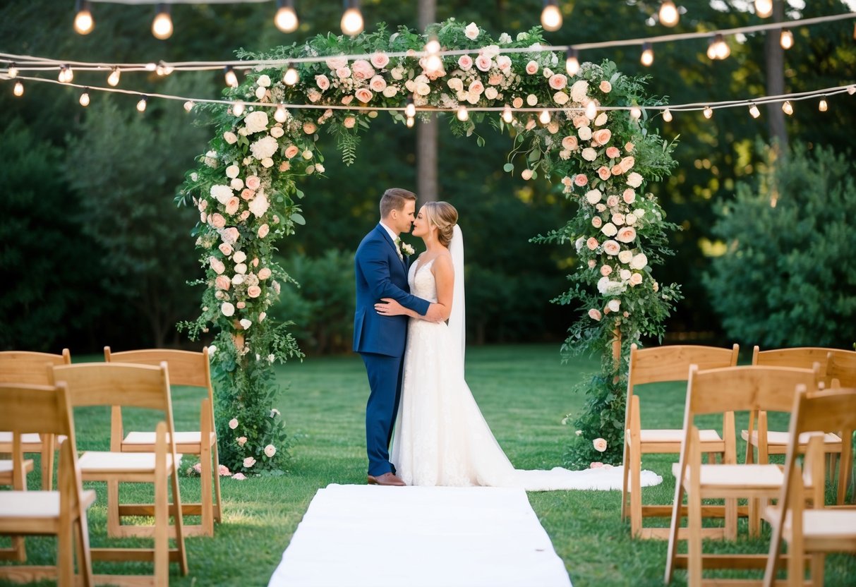 An outdoor wedding under a floral arch with string lights, surrounded by greenery and simple wooden chairs